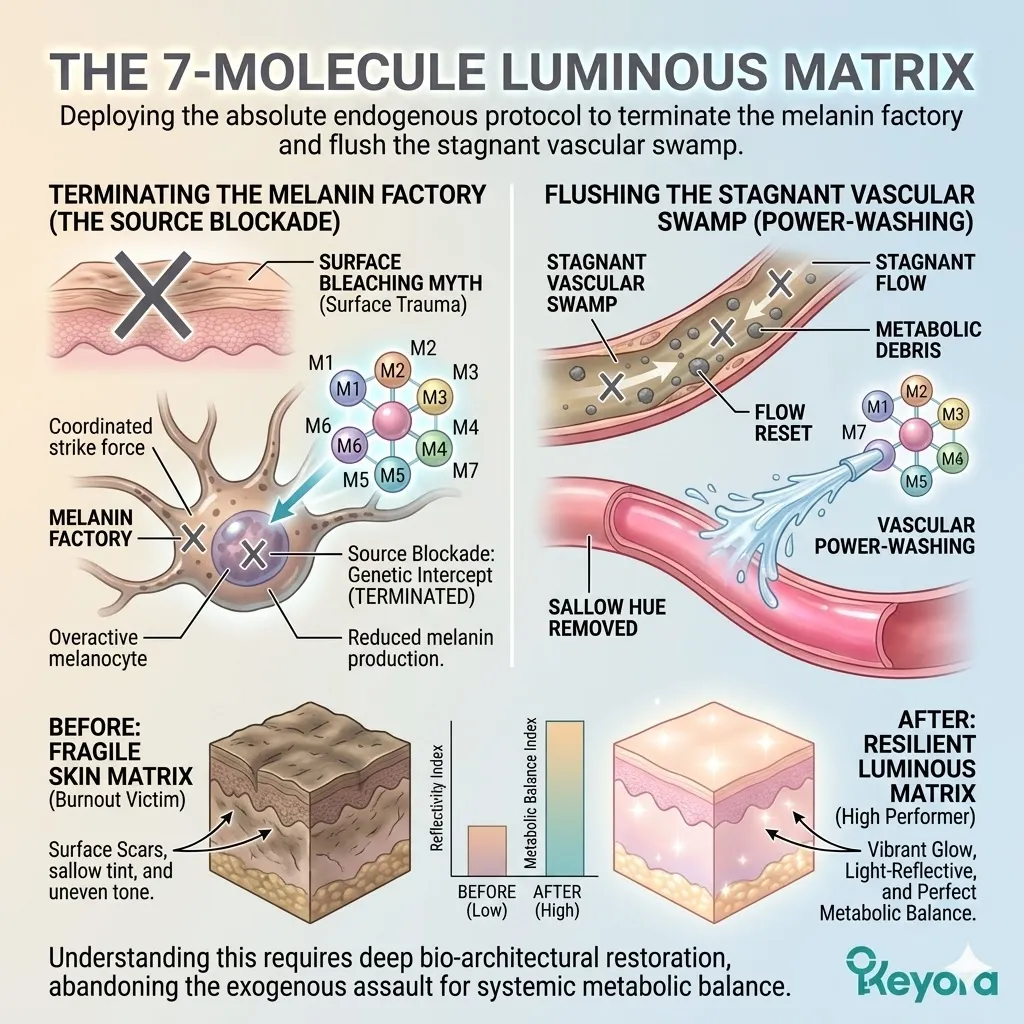 Internal strike force molecules execute a source blockade against melanin factories to resolve vascular swamp stagnation and ensure absolute aesthetic sovereignty.