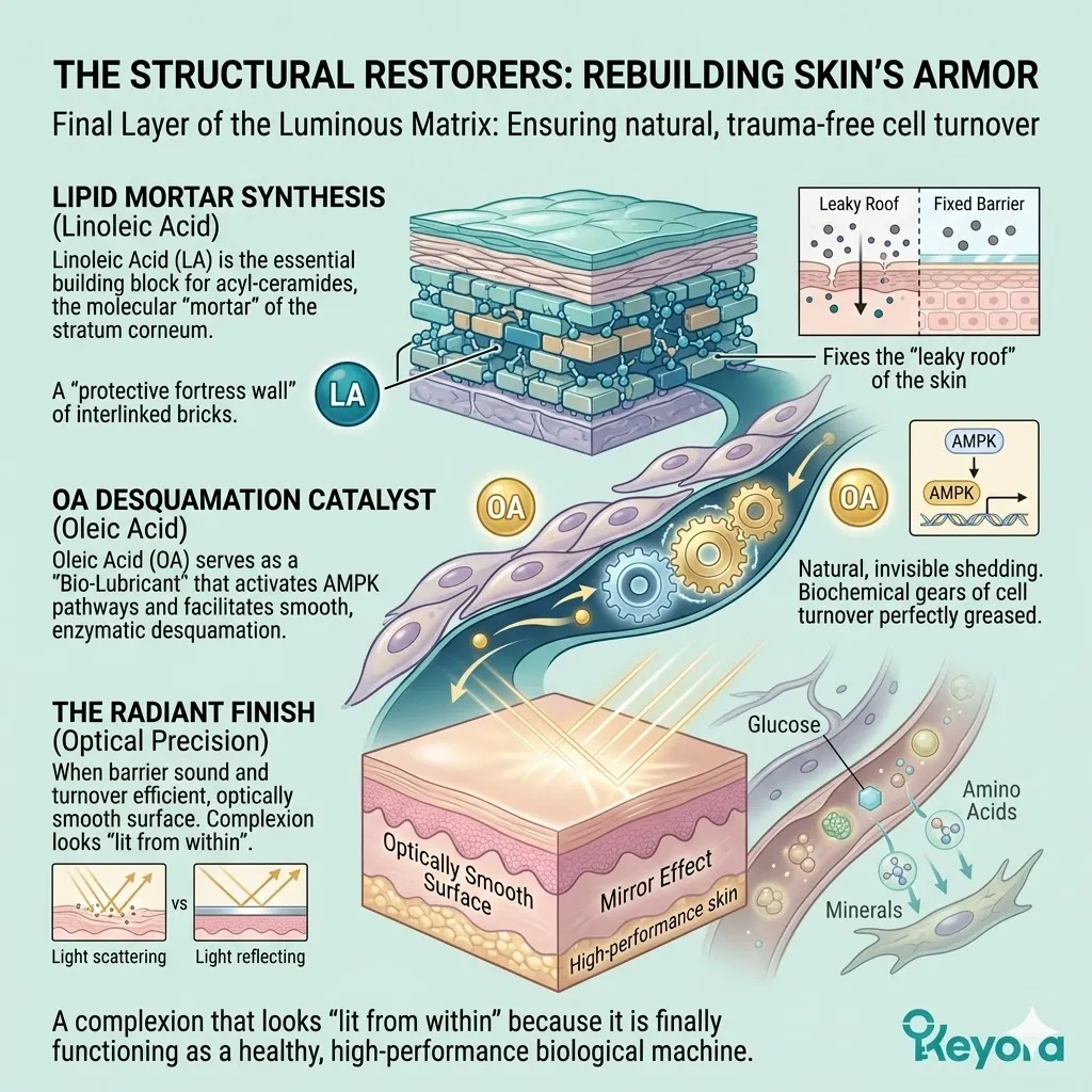 Structural restorers LA and OA rebuild the lipid mortar and activate OA desquamation to resolve hardware failure and ensure a radiant mirror effect.