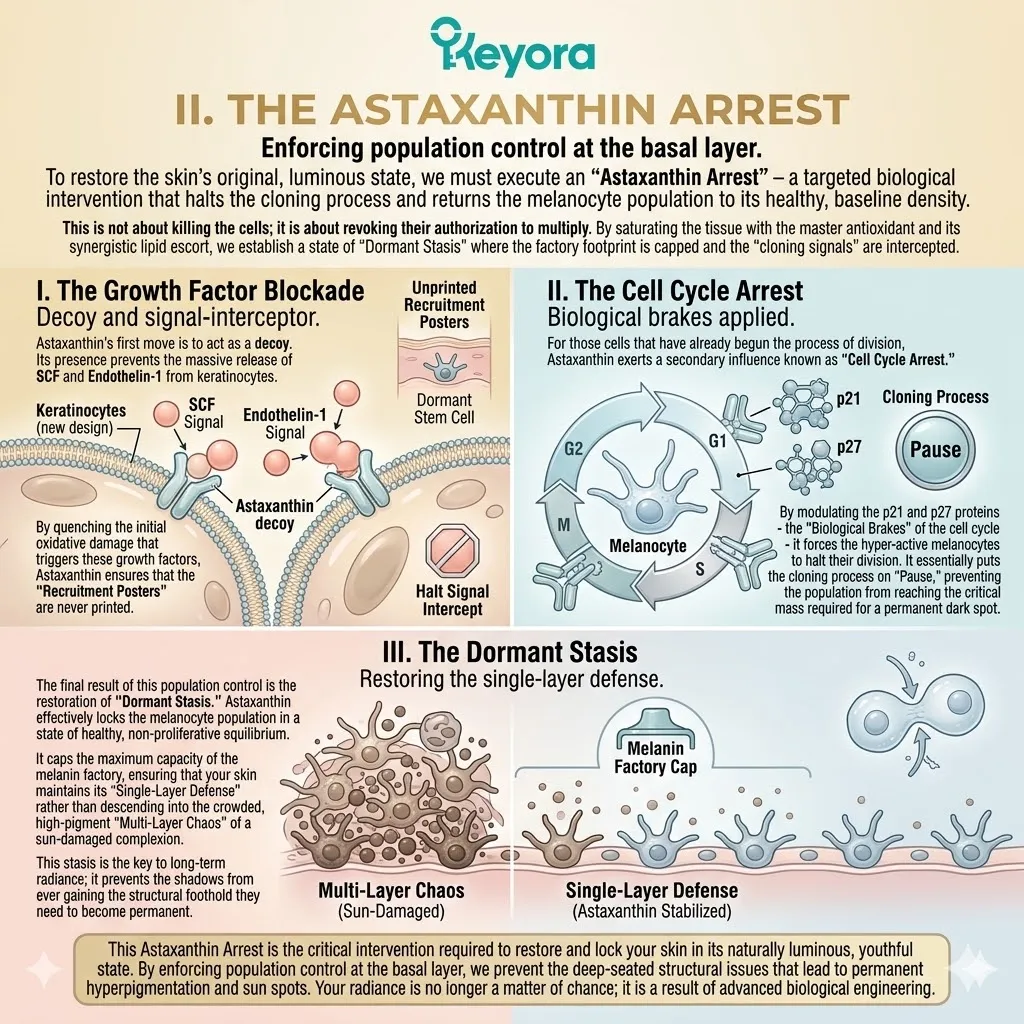 Astaxanthin modulates p21 and p27 proteins to enforce cell cycle arrest and growth factor blockade, returning melanocytes to dormant stasis.