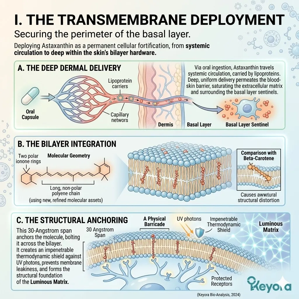 Astaxanthin integrates into phospholipid bilayers, providing a 30-Angstrom structural anchoring to stabilize the cell membrane against UV-induced leakage.