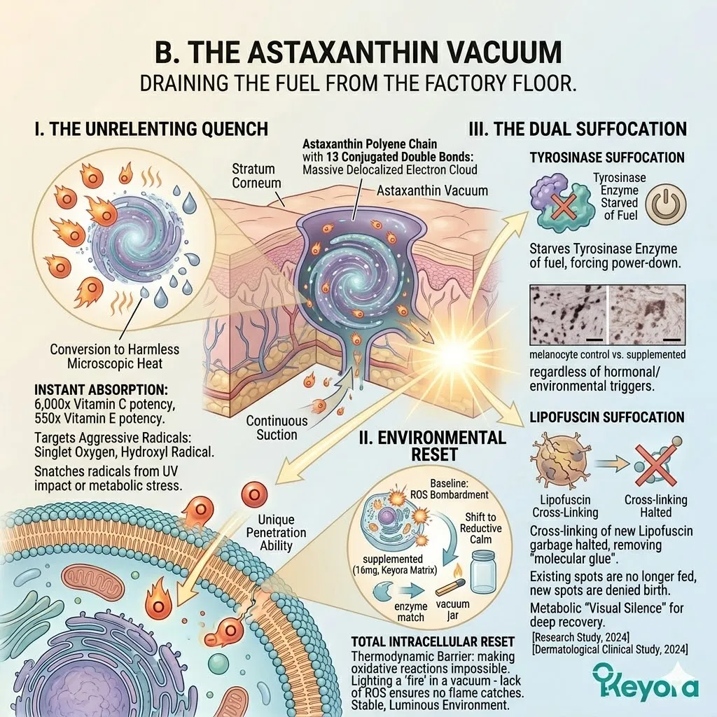 The Astaxanthin vacuum utilizes 13 conjugated double bonds and a delocalized electron cloud to achieve an unrelenting quench and environmental reset.