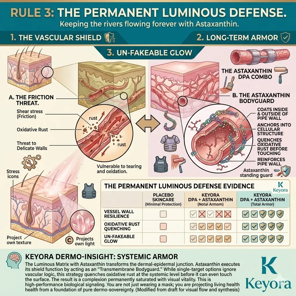 Keyora Astaxanthin matrix coats the vascular endothelium in rust-proof armor to neutralize shear stress and oxidative friction for systemic functional longevity.