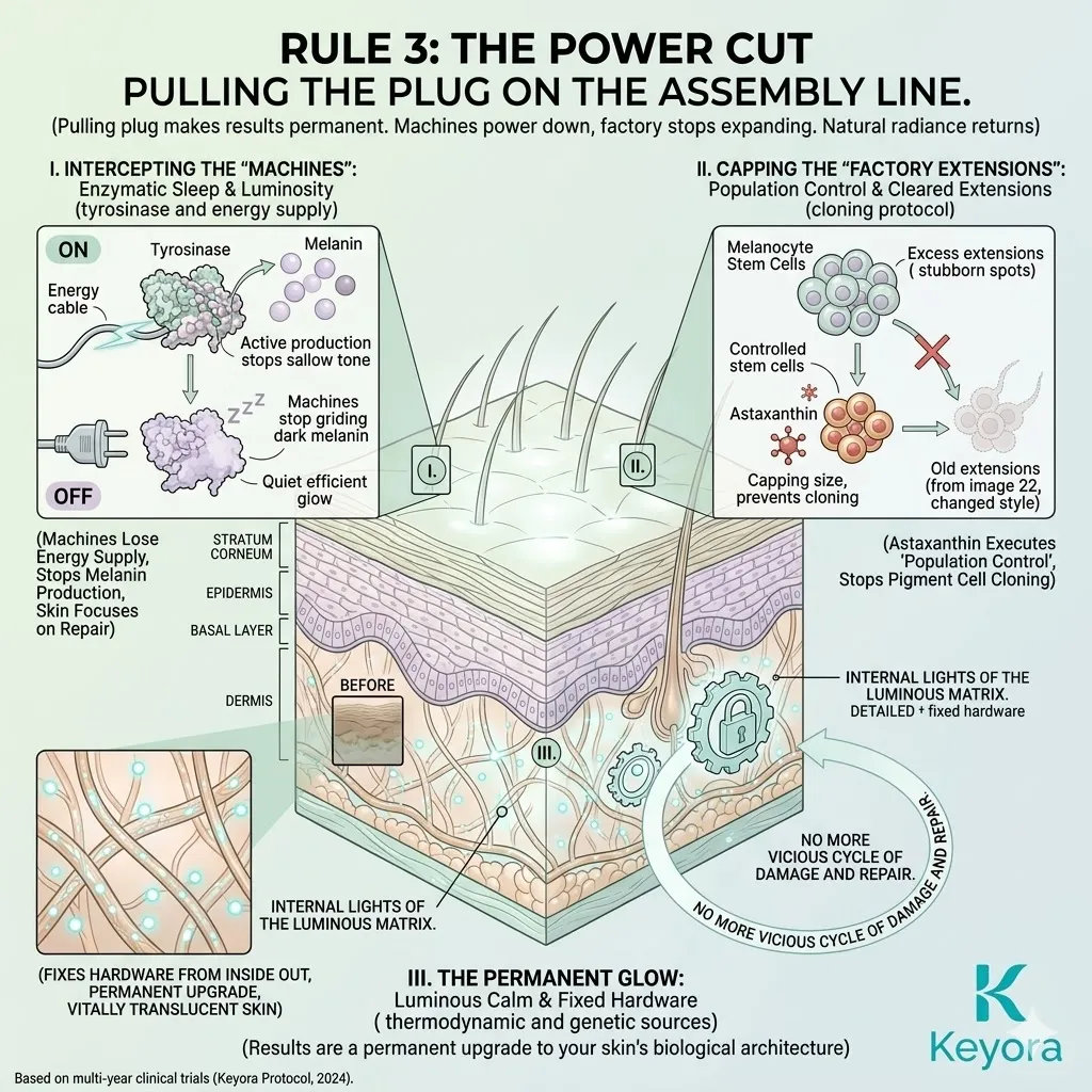 Systemic regulators execute a power cut to deactivate tyrosinase enzymes and enforce population control against unnecessary factory extensions.