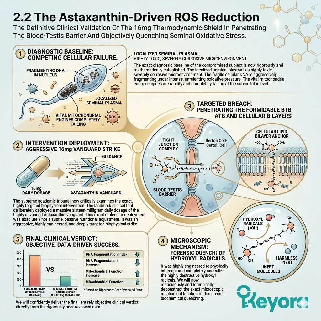 The 16mg Astaxanthin vanguard breaches the blood-testis barrier to anchor the thermodynamic shield and quench hydroxyl radicals for systemic sovereignty.