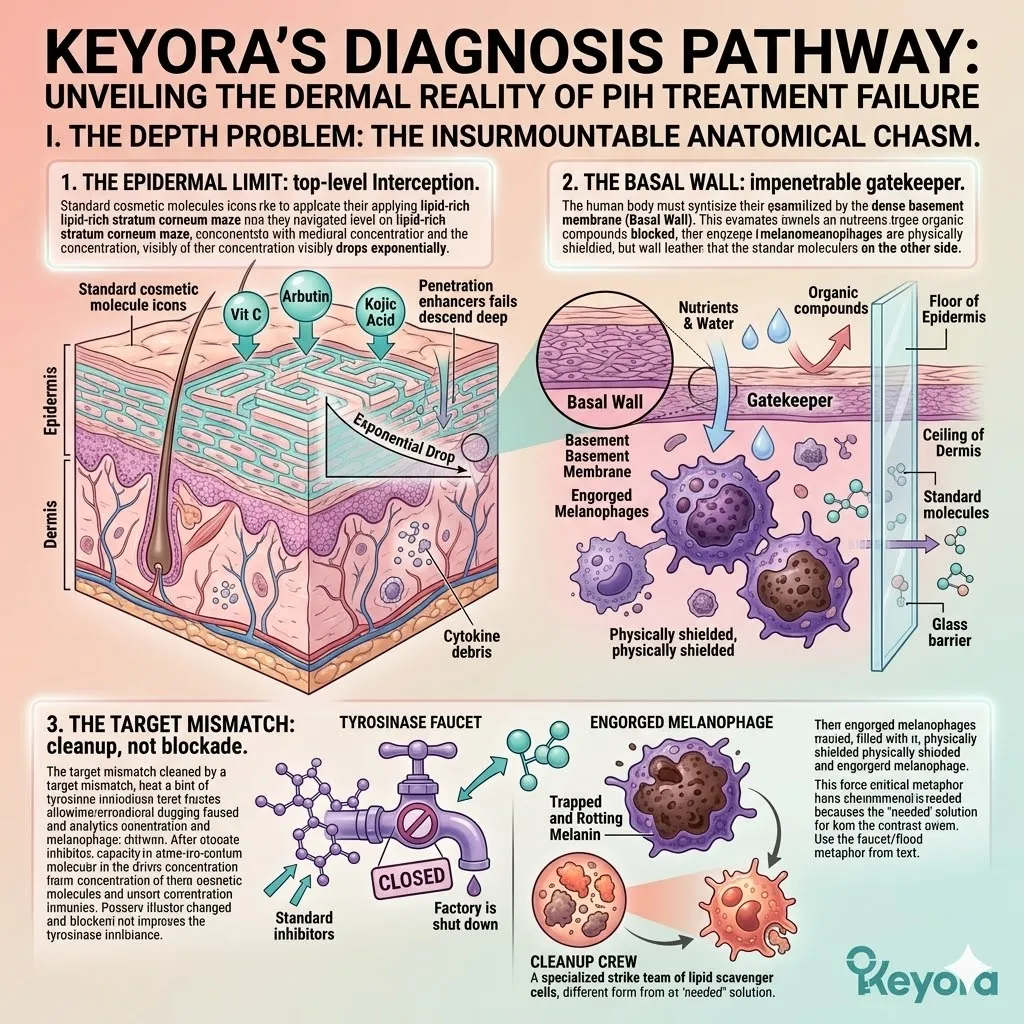 The Anatomical Chasm and Basal Wall shield dermal melanophages from topical agents, creating a Target Mismatch that renders surface brighteners useless.