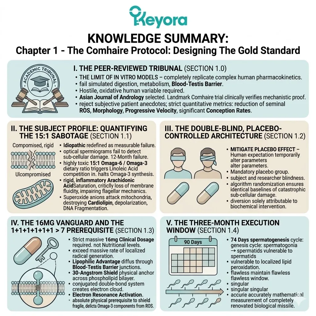 The Comhaire protocol knowledge summary establishes the 16mg vanguard and 90-day mandate as the architectural blueprint for ATP synthesis and systemic regulation.
