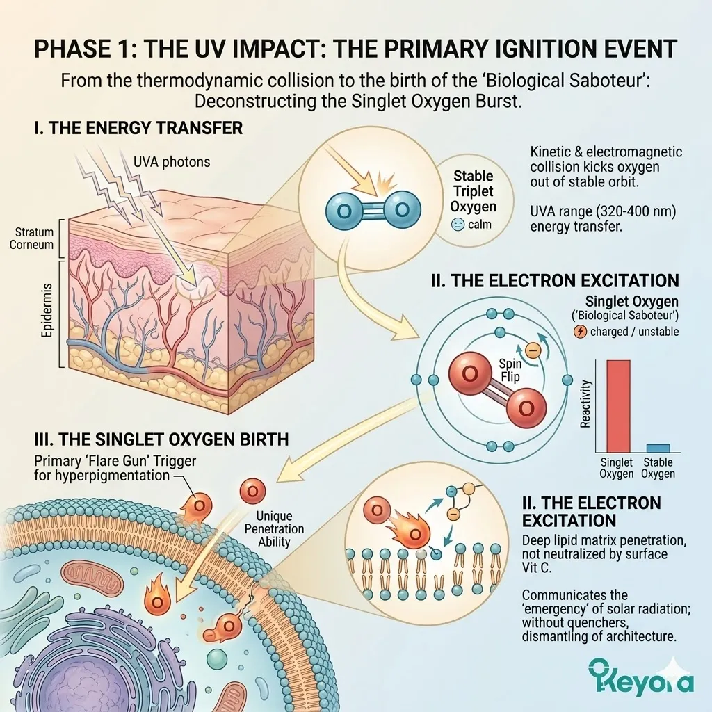 UVA photons trigger singlet oxygen birth through electron excitation, weaponizing stable molecules into biological saboteurs that disrupt lipid matrix stability.