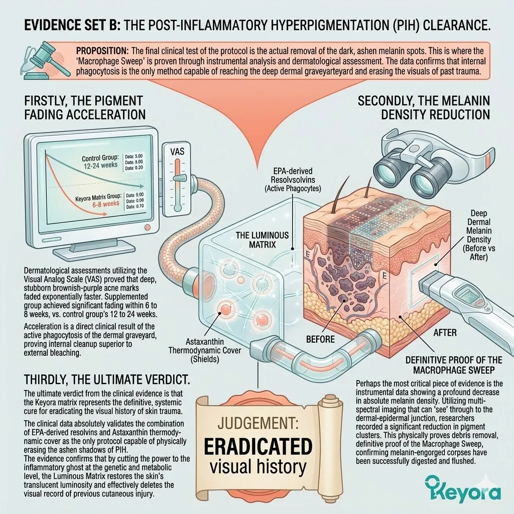 Visual Analog Scale and Multi-spectral Imaging prove Pigment Fading Acceleration and Melanin Density Reduction via active Macrophage Sweep.