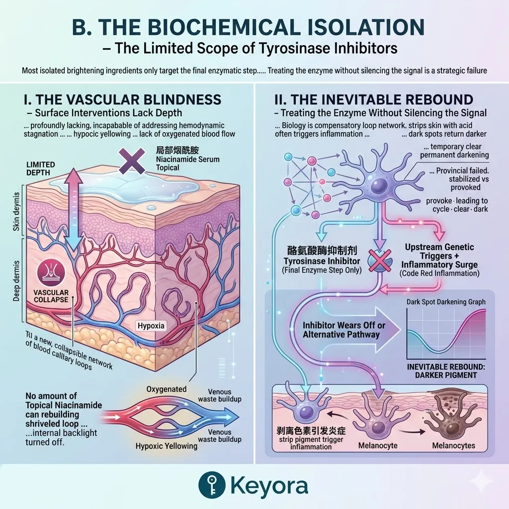 Targeting tyrosinase without systemic regulators ignores the four-drive system, failing to silence the neuro-endocrine storm and vascular stagnation.