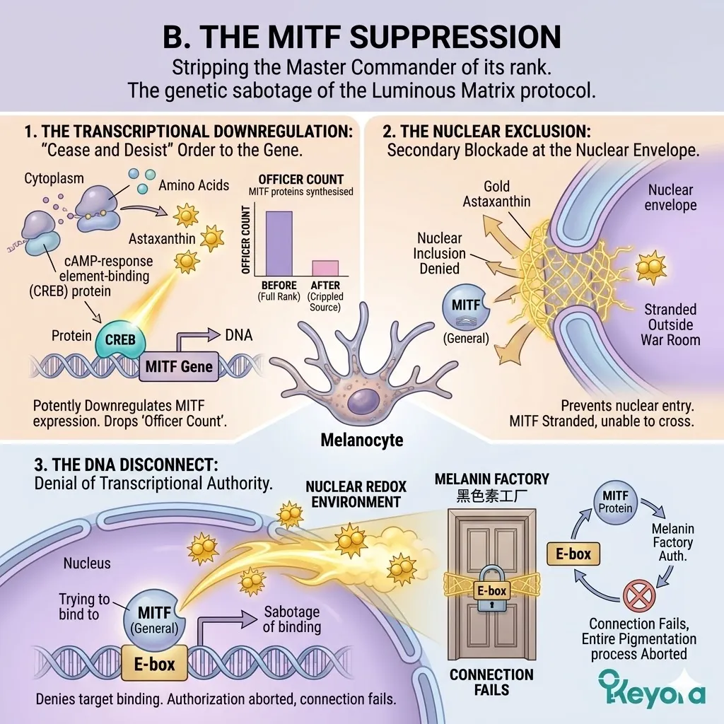Transcriptional downregulation induces nuclear exclusion of MITF to enforce a DNA disconnect and revoke the Master Commander's rank at the E-box motif.