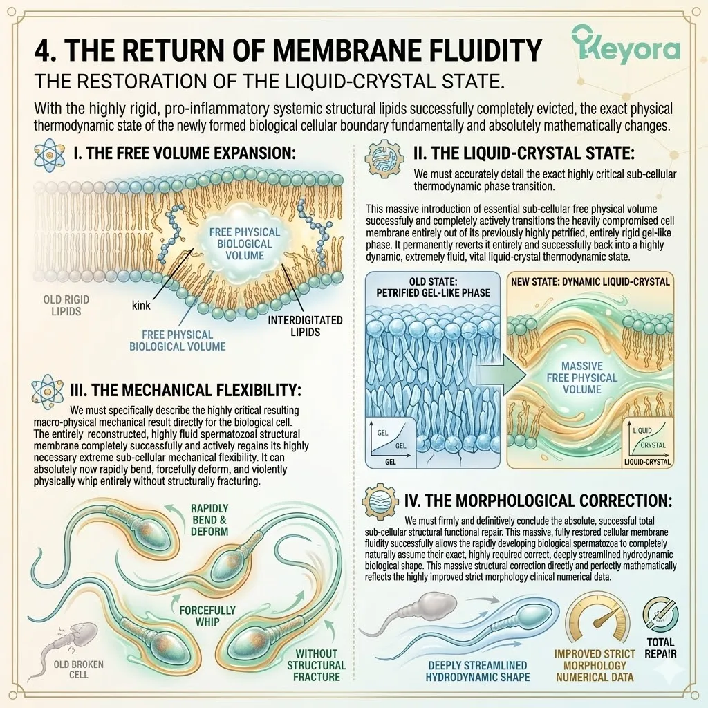 The transition to a liquid-crystal state restores mechanical flexibility, allowing spermatozoa to assume hydrodynamic shapes and correcting structural deformities.