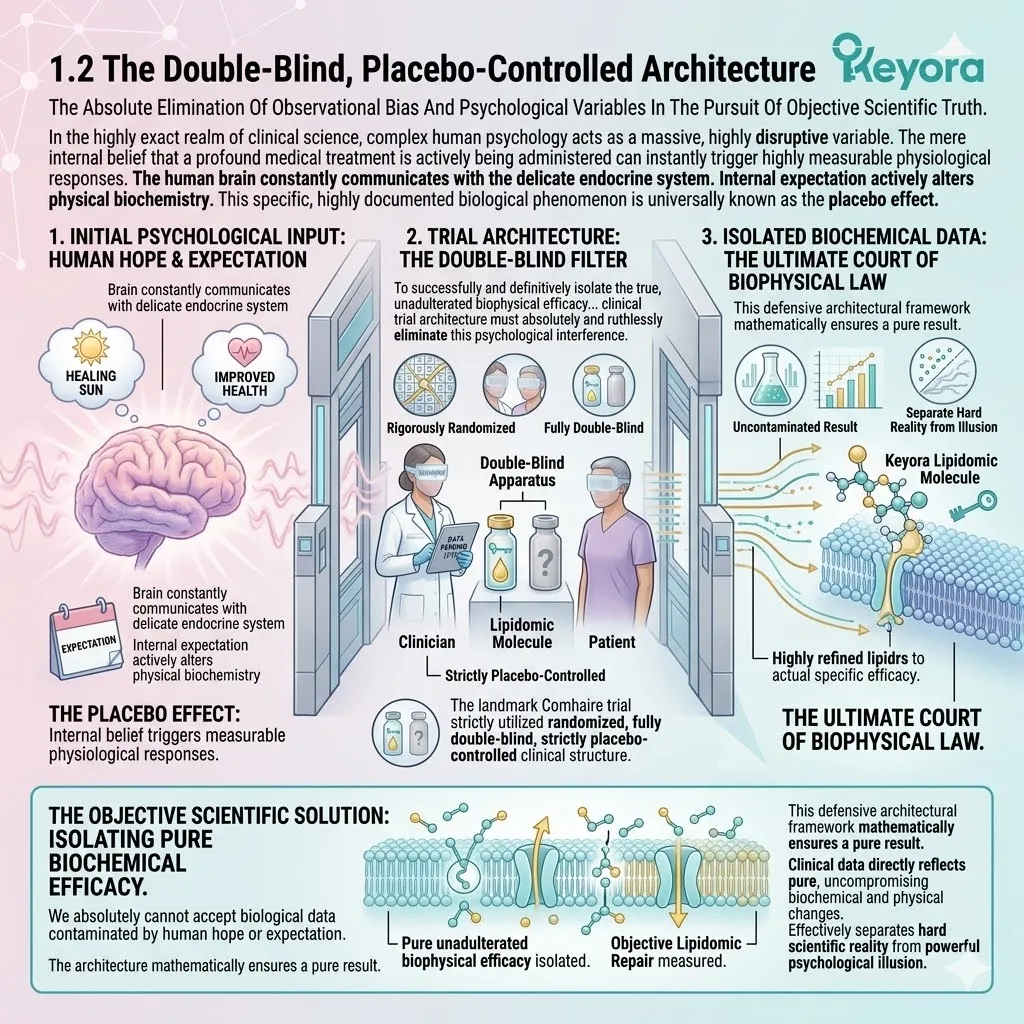 Double-blind, placebo-controlled architecture eliminates psychological bias to isolate the true biophysical impact on ATP synthesis and systemic regulation.