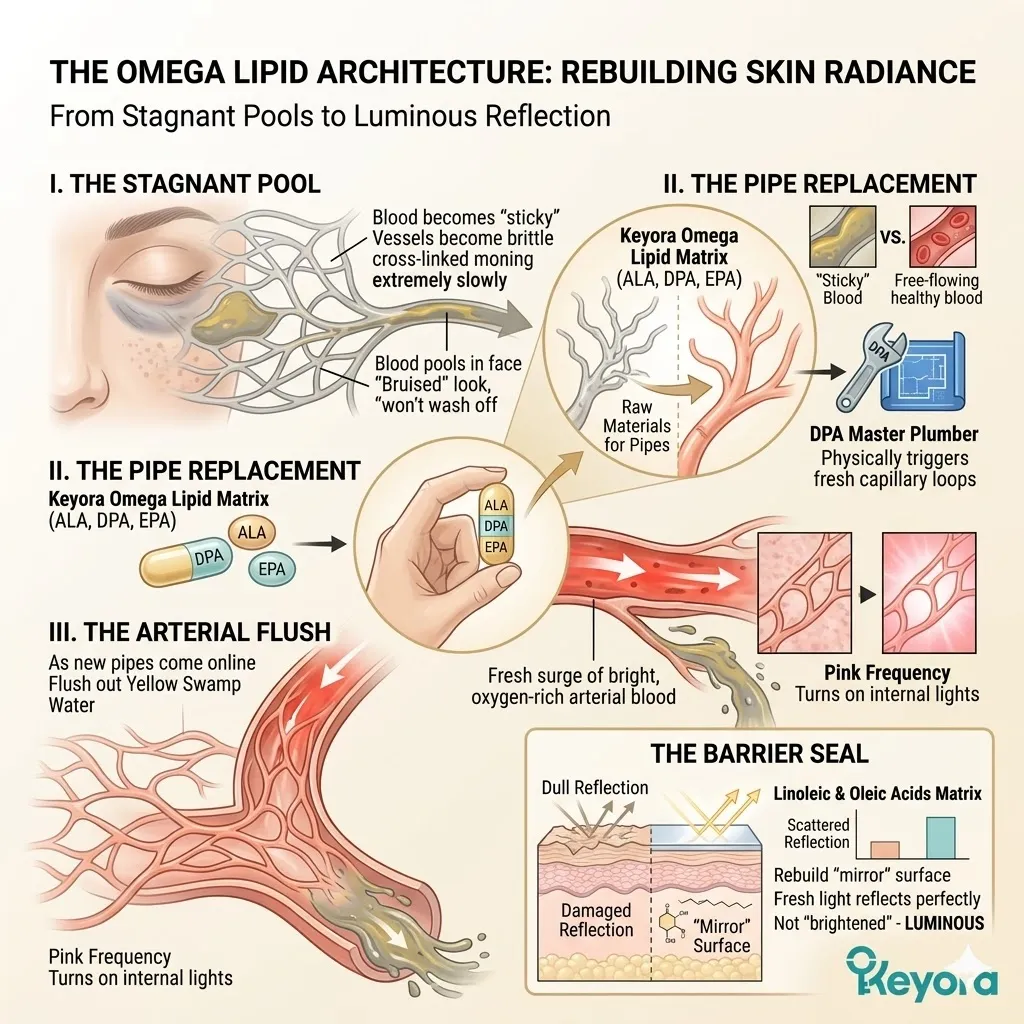 DPA vascular ignition replaces shriveled microcapillary loops to execute an arterial flush of stagnant pool debris and restore the lipid mortar barrier seal.