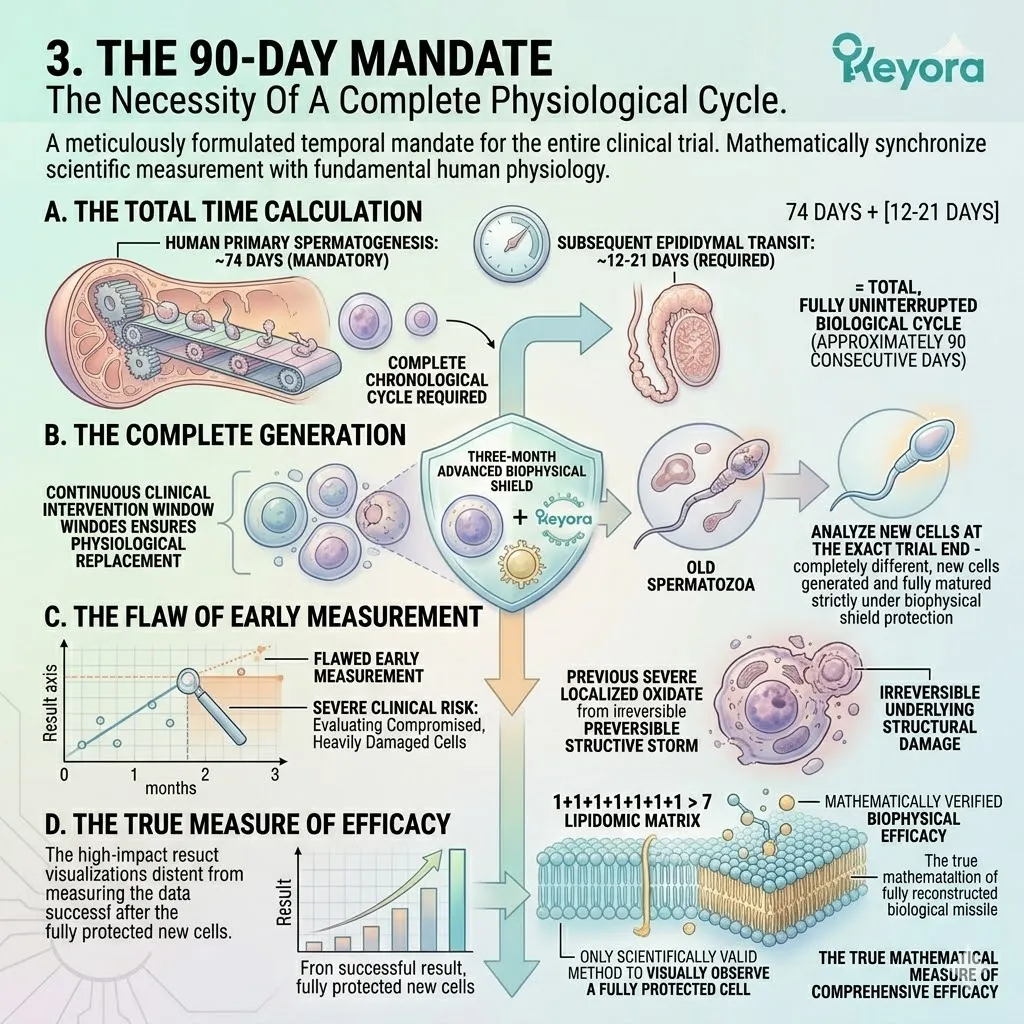 The 90-day mandate synchronizes the 16mg vanguard with the full spermatogenesis and transit cycle to verify total ATP synthesis restoration.