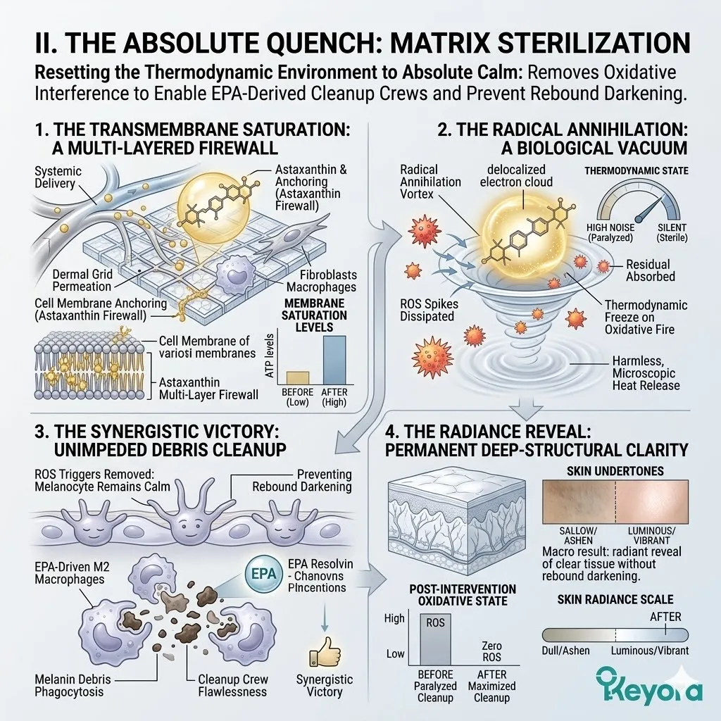 Transmembrane Saturation and Radical Annihilation by Astaxanthin provide a Synergistic Victory, quenching ROS to ensure uninterrupted debris clearance.