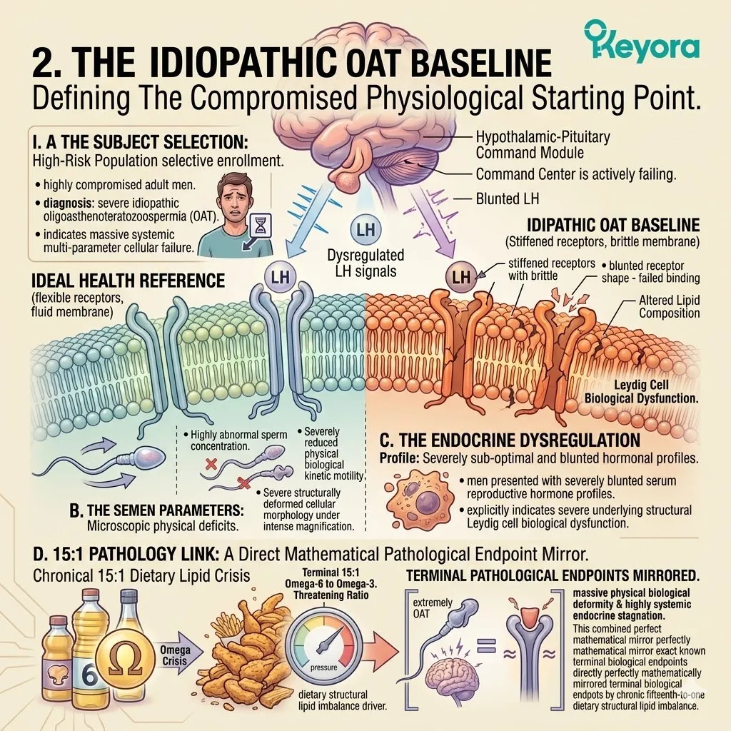 Idiopathic OAT subjects exhibit multi-parameter failure including structural deformity and endocrine stagnation, mirroring the 15:1 lipid imbalance pathology.