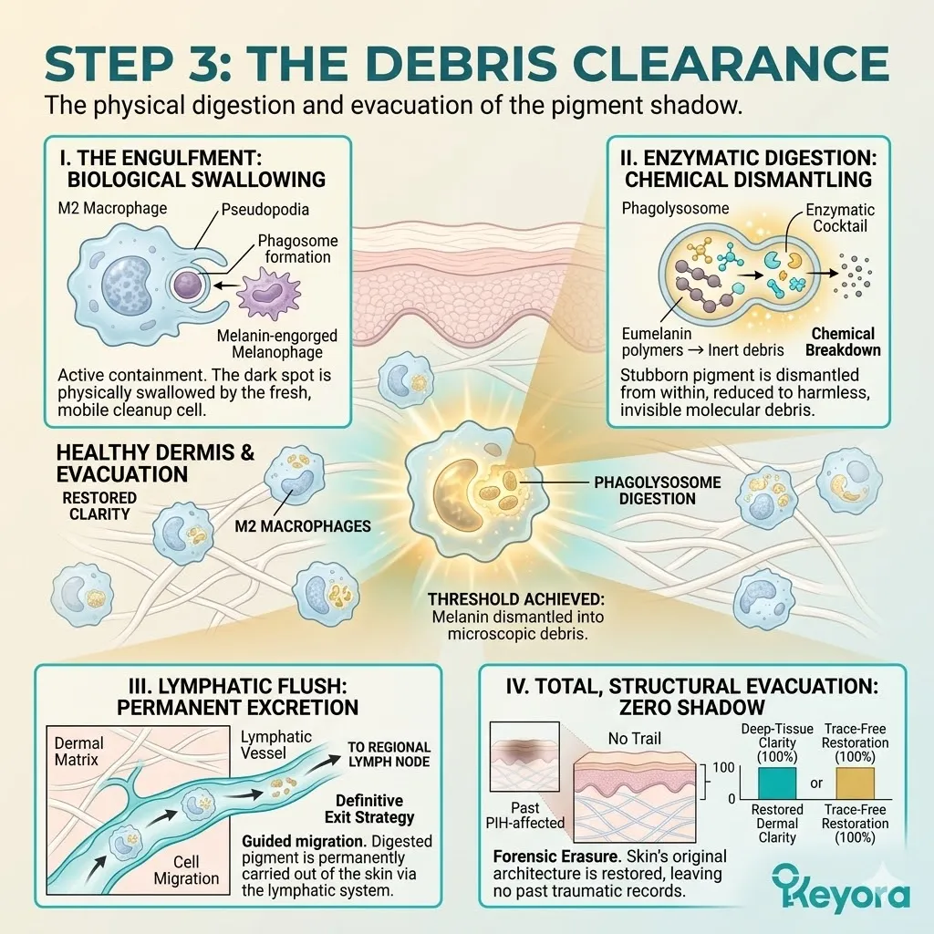 M2 Macrophage Engulfment and Enzymatic Digestion drive the Lymphatic Flush to physically evacuate the melanin-engorged melanophage graveyard.