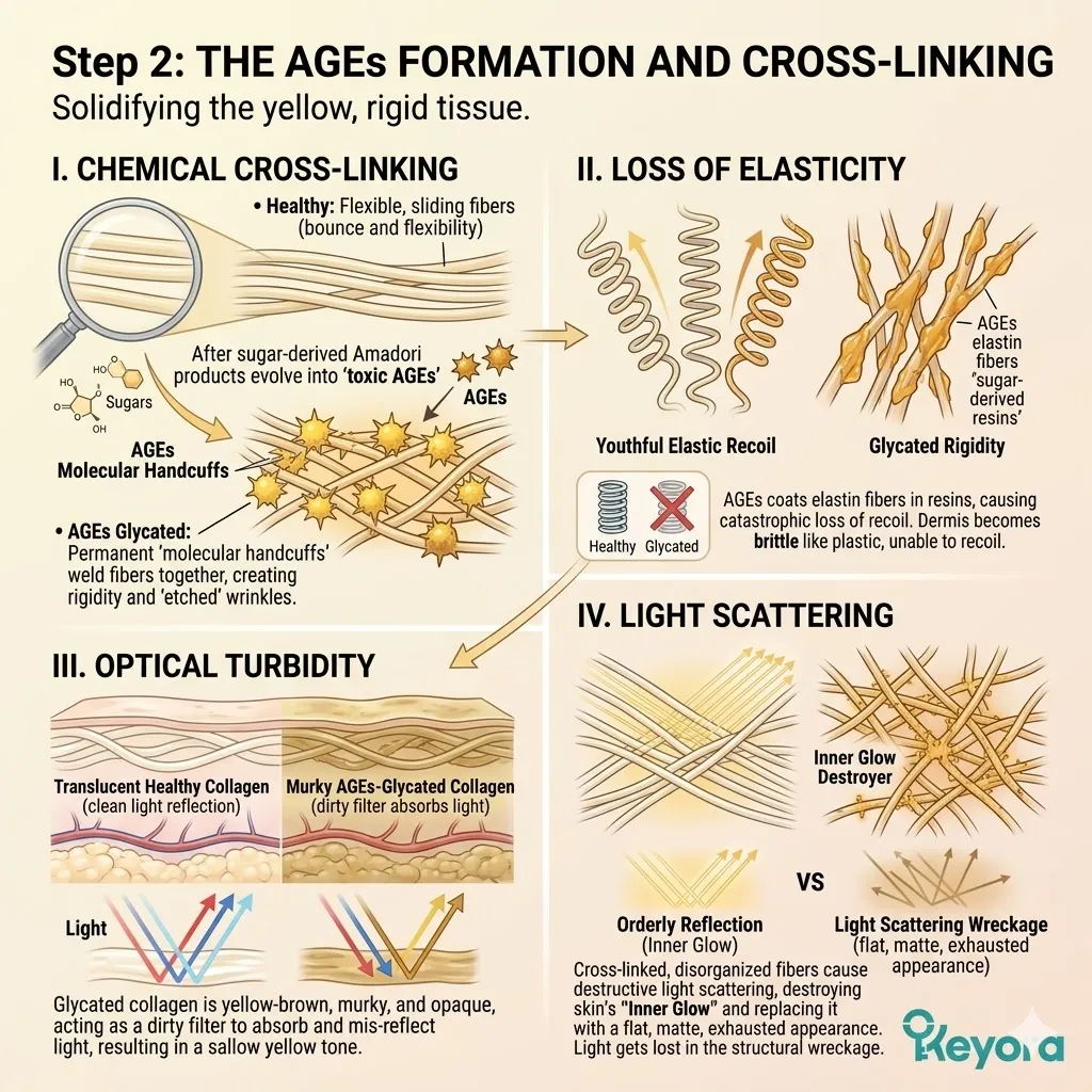 Keyora systemic regulation halts AGEs formation and cross-linking to neutralize optical turbidity and restore structural collagen sovereignty.