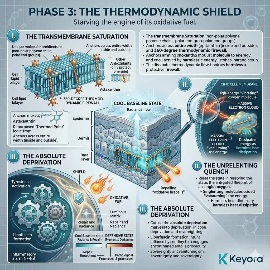 Astaxanthin creates transmembrane saturation to establish a thermodynamic shield, quenching the neuro-endocrine storm and ensuring absolute systemic sovereignty.