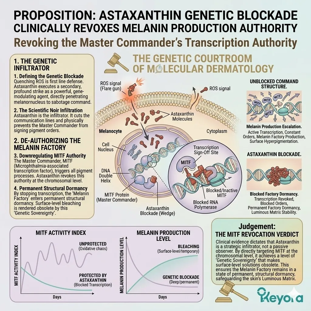 Astaxanthin penetrates the melanocyte as a gene-modulating infiltrator to sabotage internal command structures and revoke MITF transcription authority.