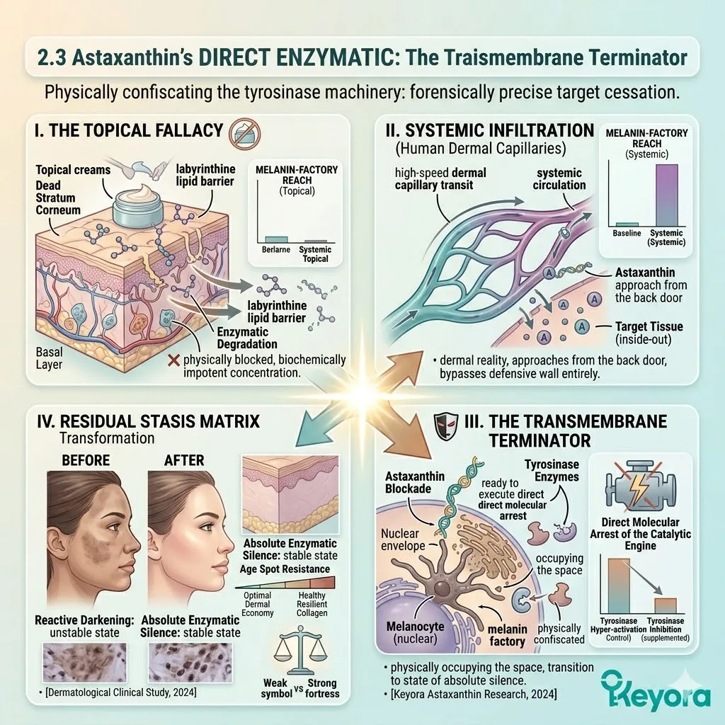 Astaxanthin bypasses the topical fallacy via systemic circulation to arrive at the basal layer as a bioactive transmembrane terminator.