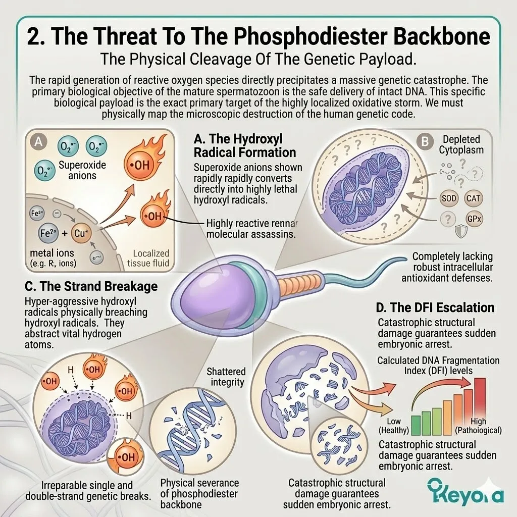 Hydroxyl radicals sever the phosphodiester backbone of DNA, driving the DNA Fragmentation Index to levels that ensure total structural failure.