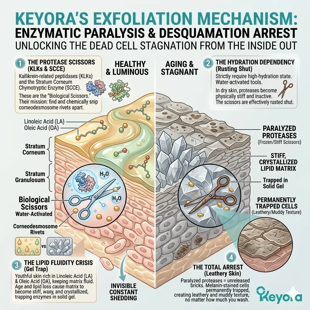 Serine protease enzymes suffer enzymatic paralysis and lipid fluidity crisis due to LA/OA deficiency and TEWL causing a total arrest of shedding.