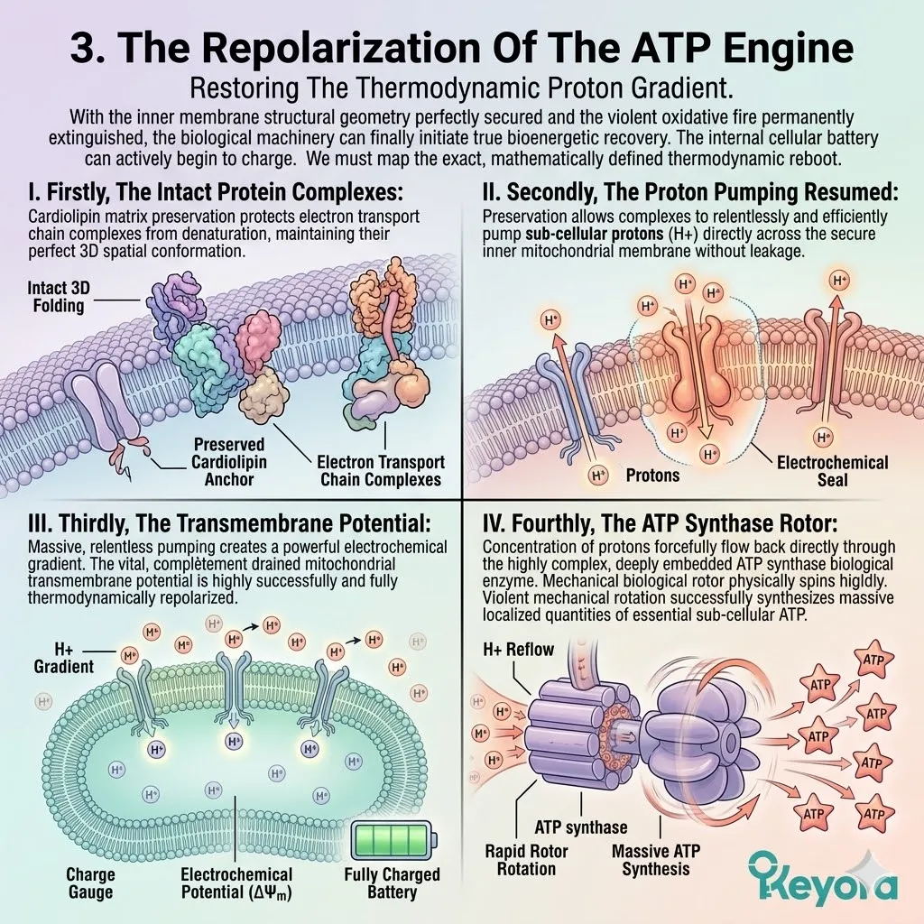 Preserved cardiolipin allows ATP synthase rotors to spin, restoring the transmembrane proton gradient and repolarizing the Four-Drive System’s engine.
