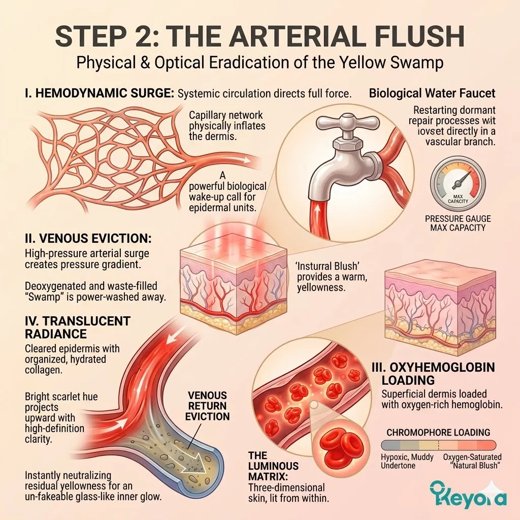 The arterial flush executes a hemodynamic surge to evict the yellow swamp and achieve oxyhemoglobin loading for absolute systemic sovereignty.