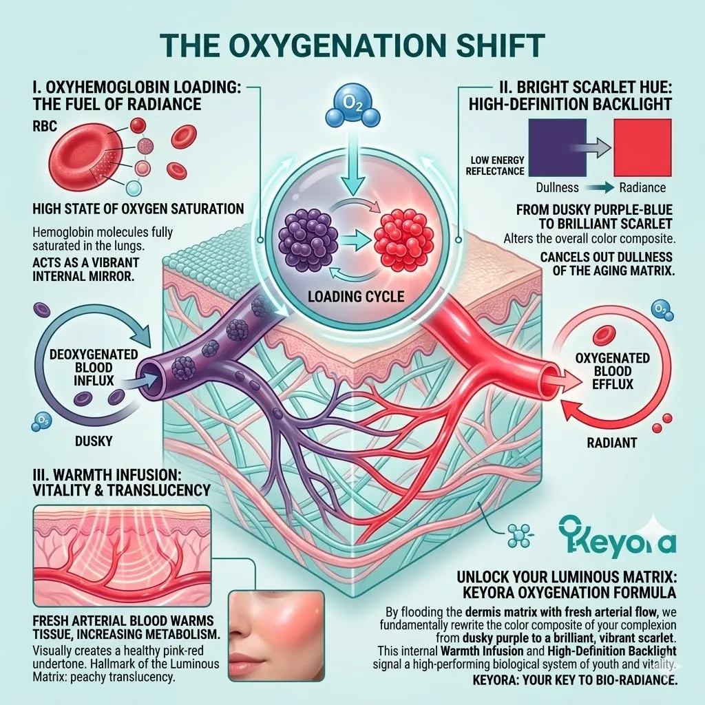 Keyora oxyhemoglobin loading triggers the oxygenation shift to replace deoxygenated purple tones with scarlet radiance and systemic warmth infusion.