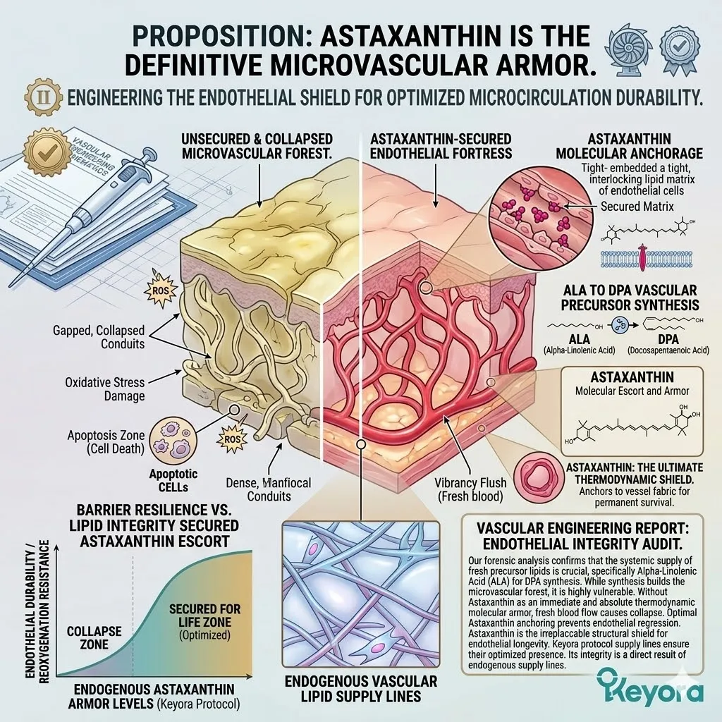 Keyora Astaxanthin matrix anchors into the phospholipid bilayer to provide a thermodynamic endothelial shield against oxidative reoxygenation and systemic apoptosis.