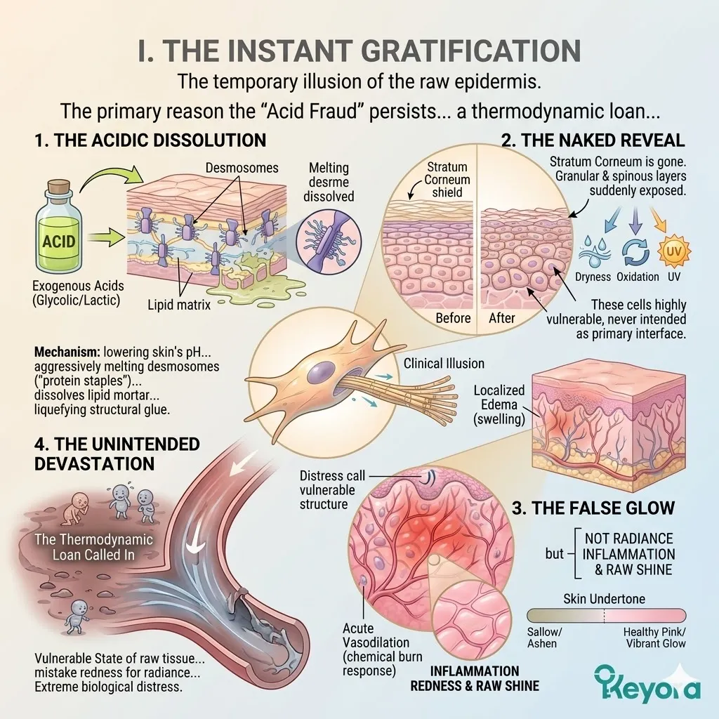 Acidic dissolution liquefies the lipid mortar and desmosomes to force a naked reveal and false glow through acute vasodilation and localized edema.