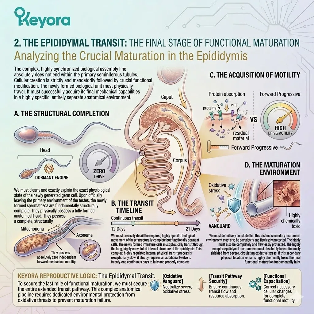 Epididymal transit requires 12-21 days of continuous thermodynamic protection to ensure the acquisition of forward motility and ATP synthesis activation.