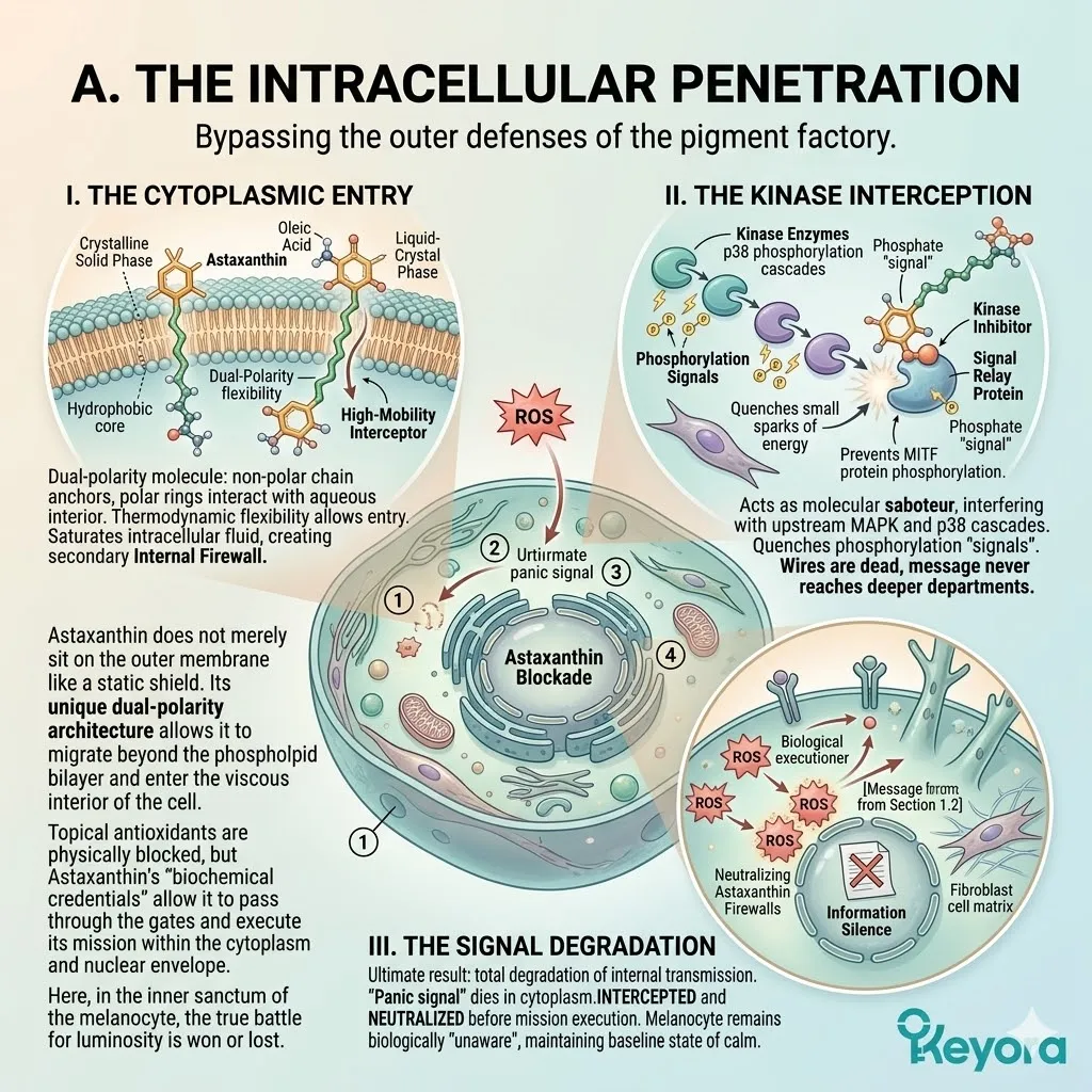 Astaxanthin acts as a kinase inhibitor within the cytoplasm to execute a signal degradation of the MAPK cascade and maintain information silence.