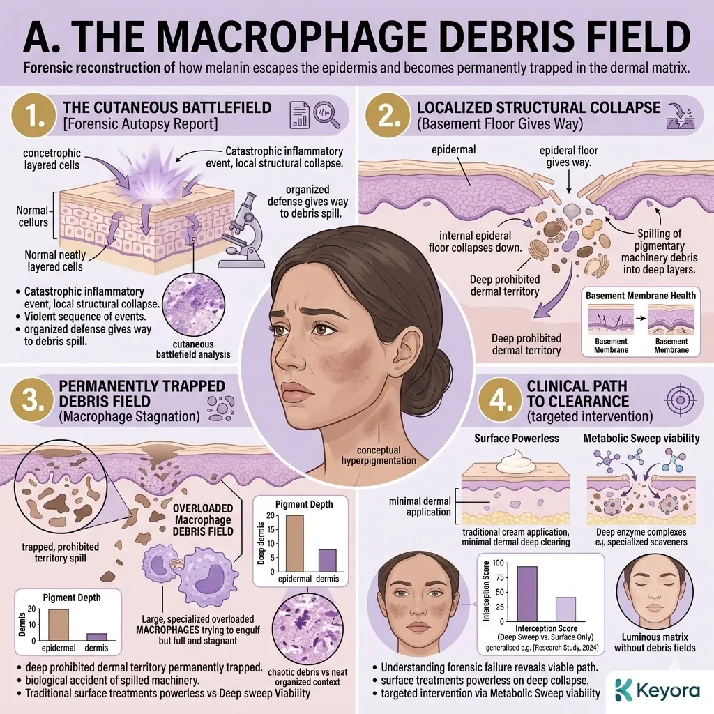 Structural collapse triggers a Basal Breach and Melanin Drop into the dermal graveyard creating a Macrophage Debris Field requiring a metabolic sweep.