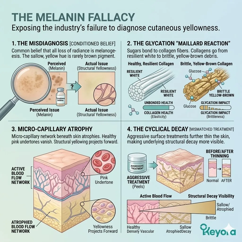 Keyora intervention targets the Melanin Fallacy by reversing glycation and Maillard reactions to restore structural sovereignty and arterial oxygenation.