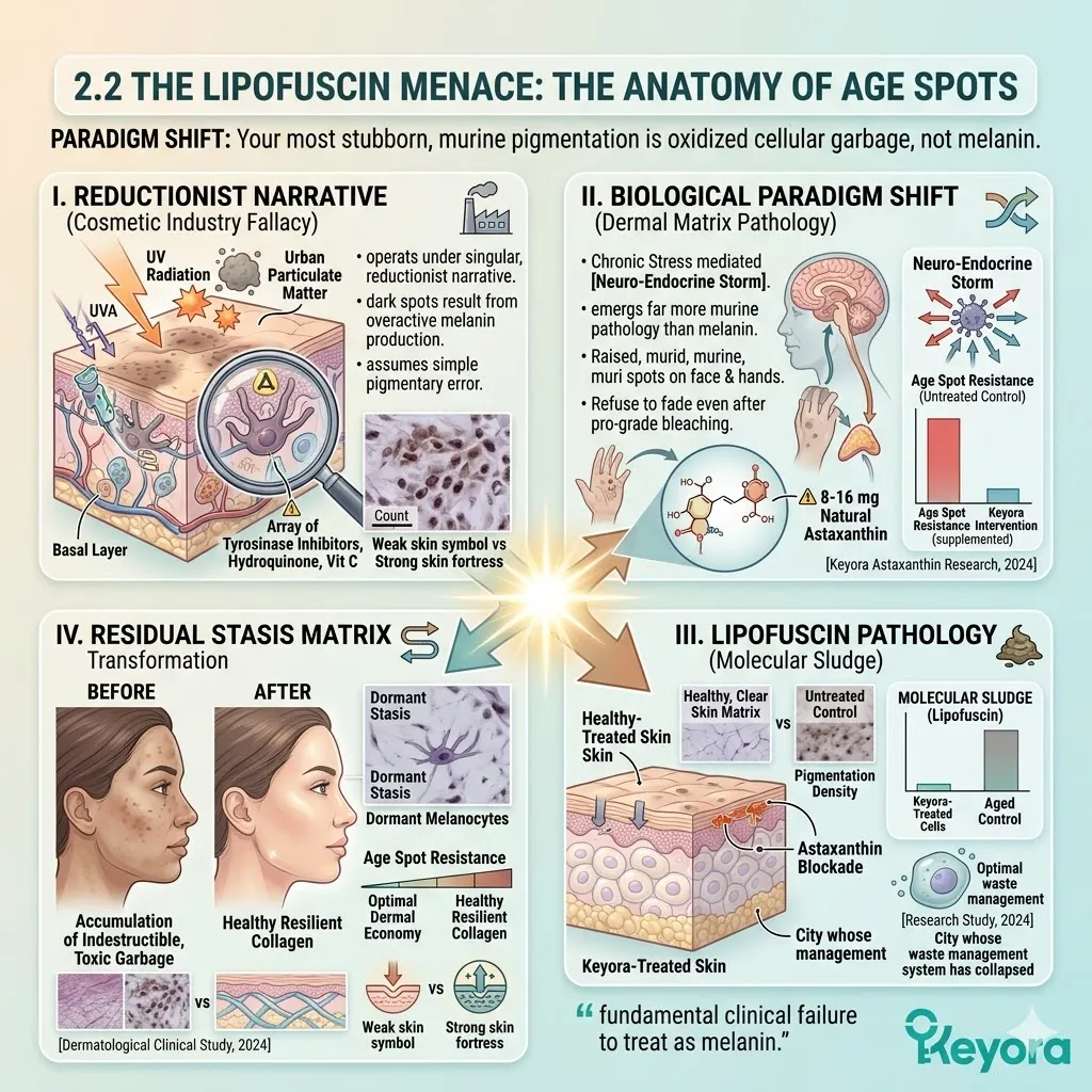 Lipofuscin represents an indestructible aggregate of oxidized proteins and lipids that bypasses melanin pathways to form permanent "molecular sludge" within the aging matrix.