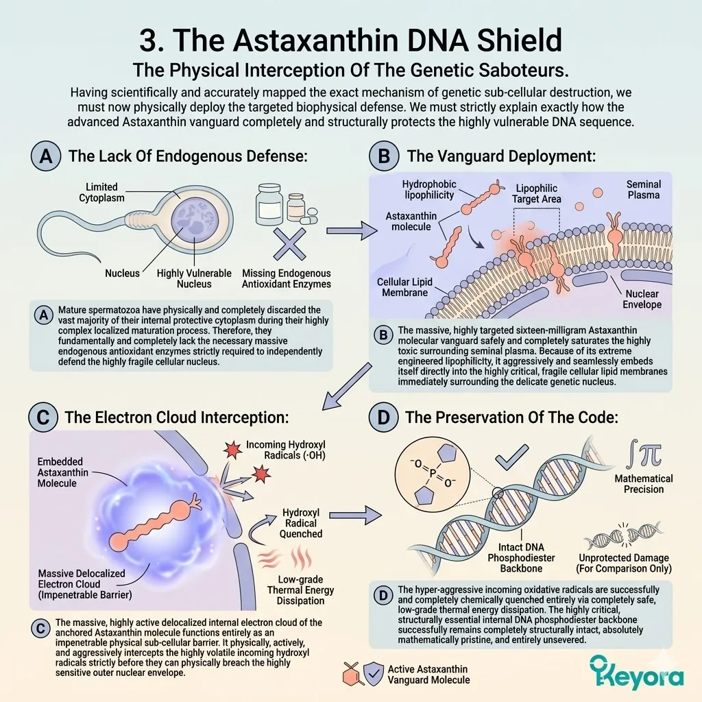 The Astaxanthin vanguard embeds within nuclear membranes to intercept hydroxyl radicals, preserving the DNA phosphodiester backbone and genetic sovereignty.