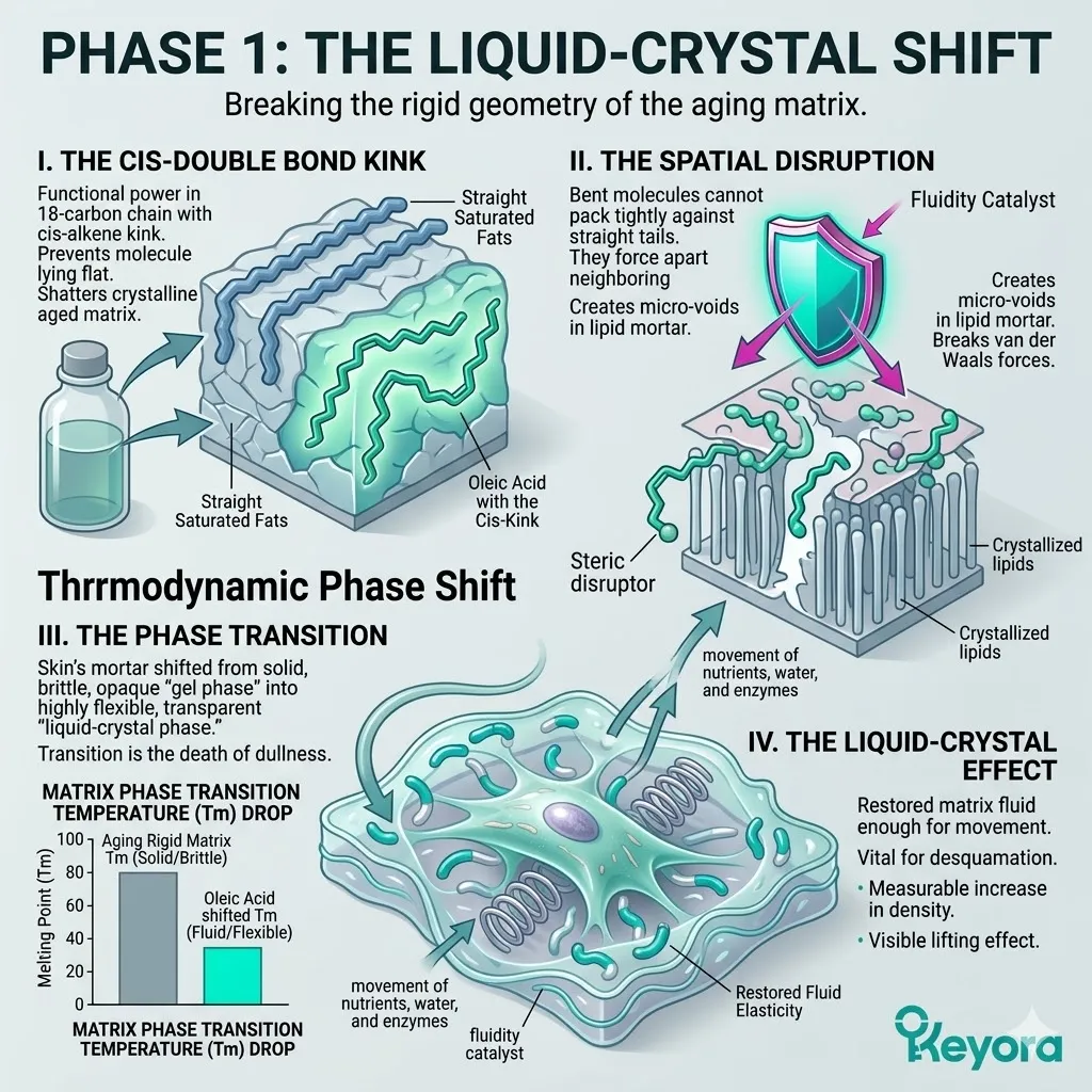 Cis-double bond kink of Oleic Acid acts as a steric disruptor to induce a thermodynamic phase shift and lower the phase transition temperature.