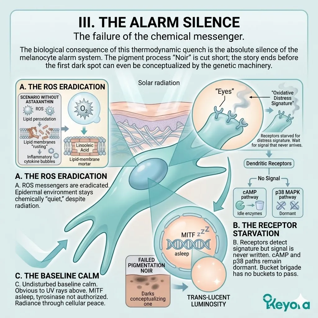 Absolute receptor starvation silences the p38 MAPK pathway to eradicate ROS messengers and maintain the melanocyte in a state of baseline calm.