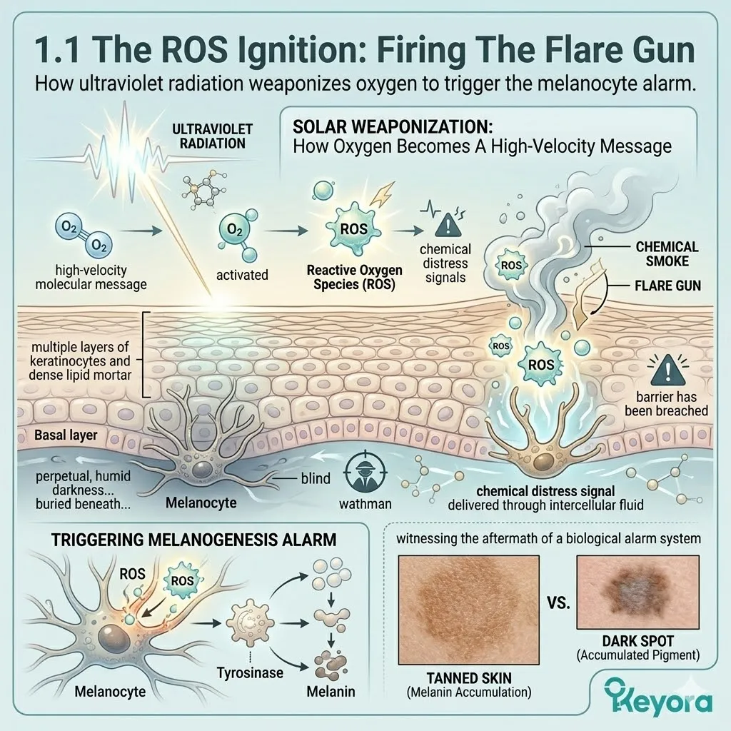 Ultraviolet radiation triggers reactive oxygen species as a molecular flare gun, signaling the blind melanocyte sentinel to initiate melanin synthesis.