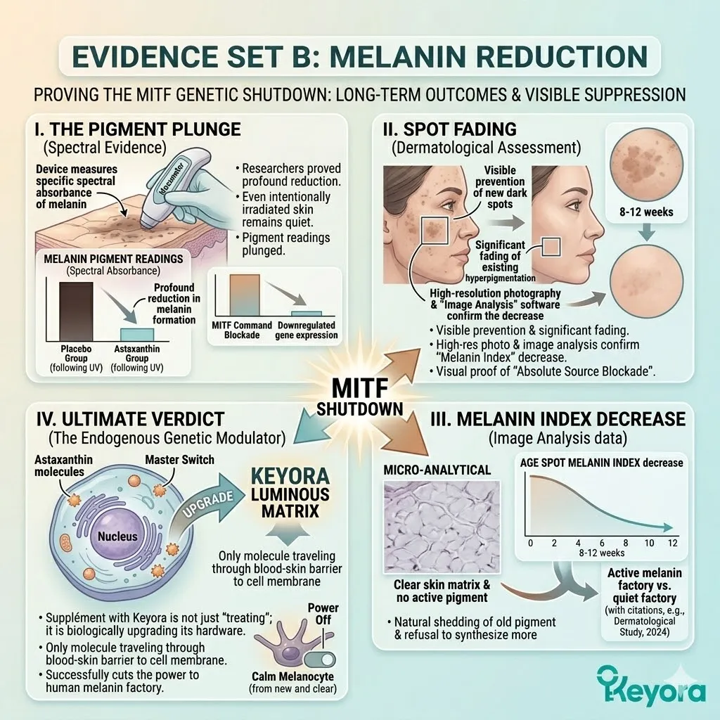Mexameter data and high-resolution image analysis confirm a pigment plunge and spot fading through successful MITF gene expression downregulation.