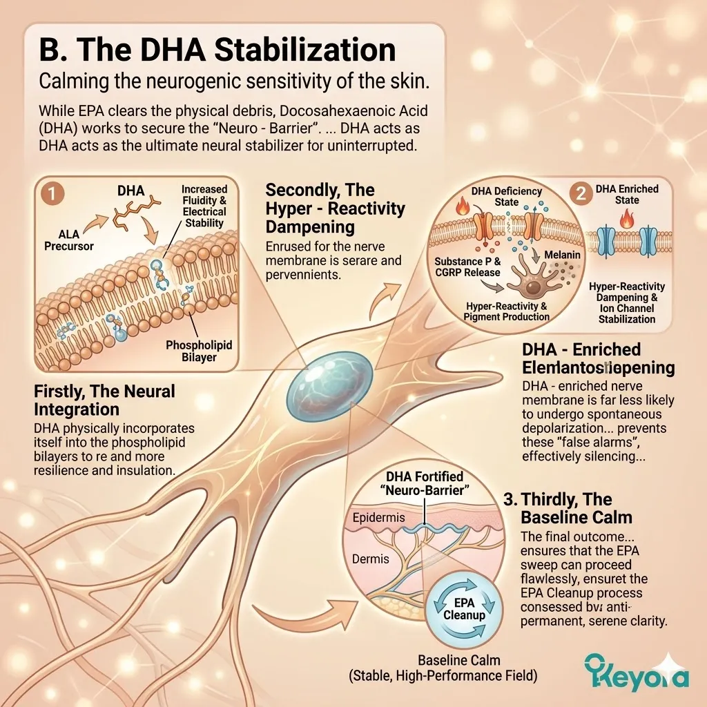 DHA achieves neural integration to dampen hyper-reactivity and resolve the neuro-endocrine storm, securing the four-drive system for absolute sovereignty.