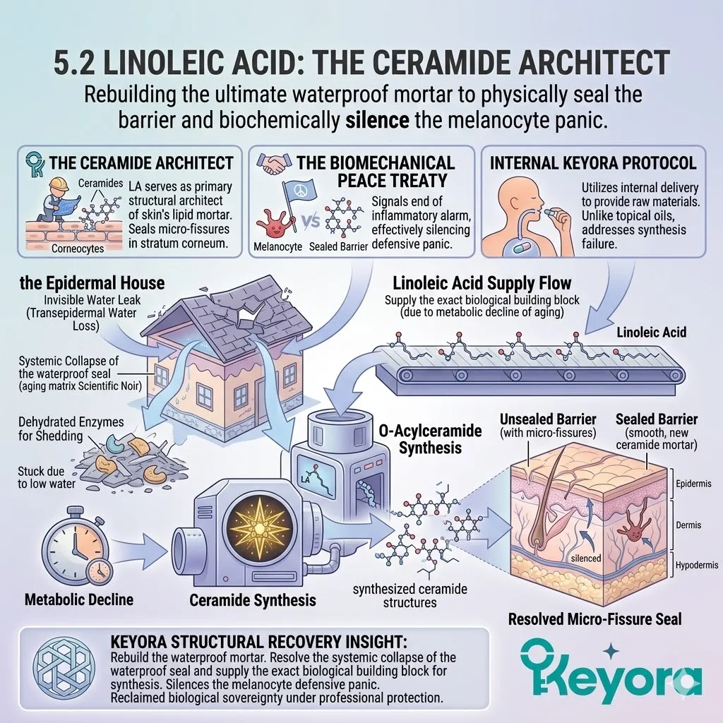 Linoleic Acid acts as a ceramide architect to seal micro-fissures and silence the melanocyte panic by ending the systemic inflammatory alarm.