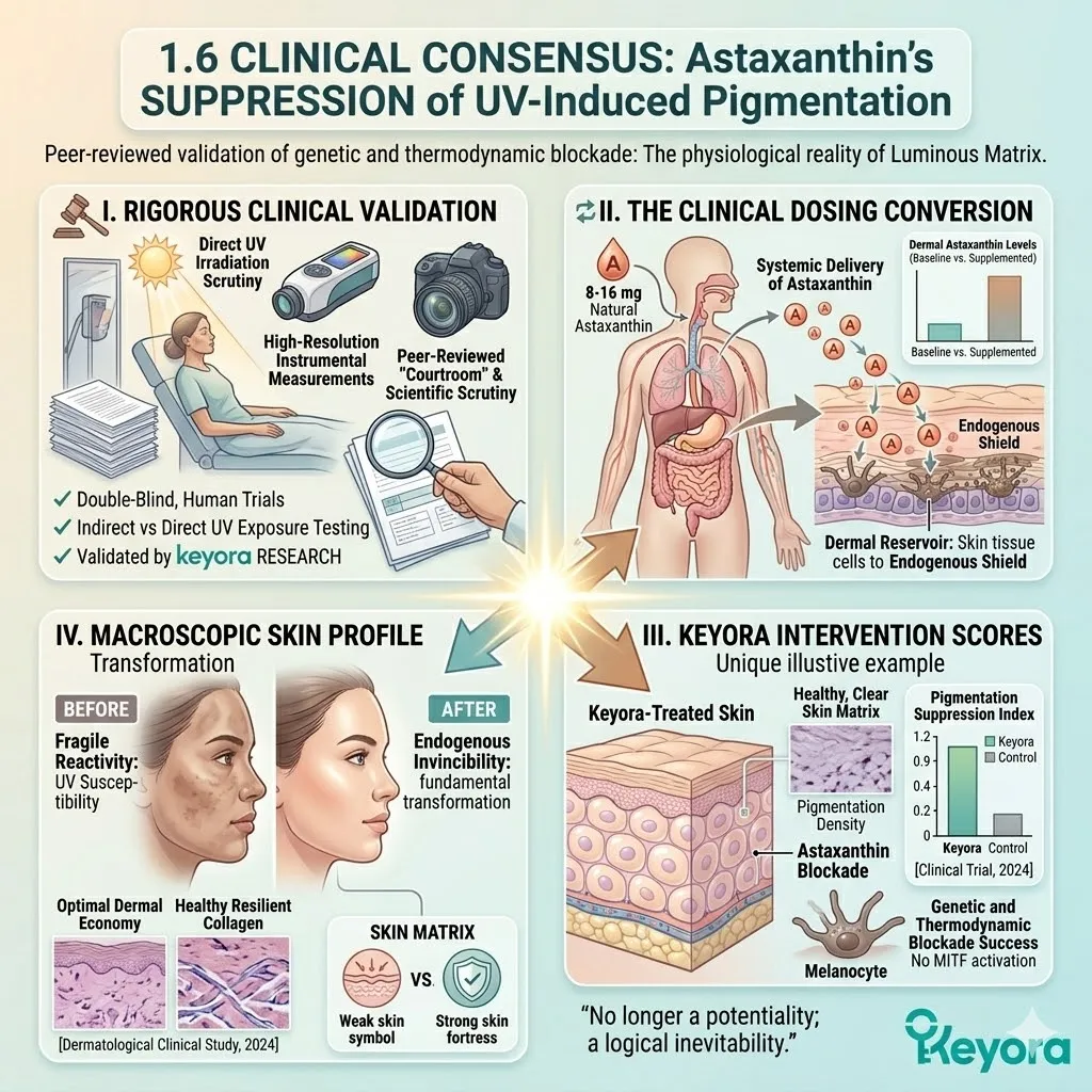 Clinical validation of natural astaxanthin confirms the thermodynamic blockade, shifting skin from fragile reactivity to endogenous invincibility.