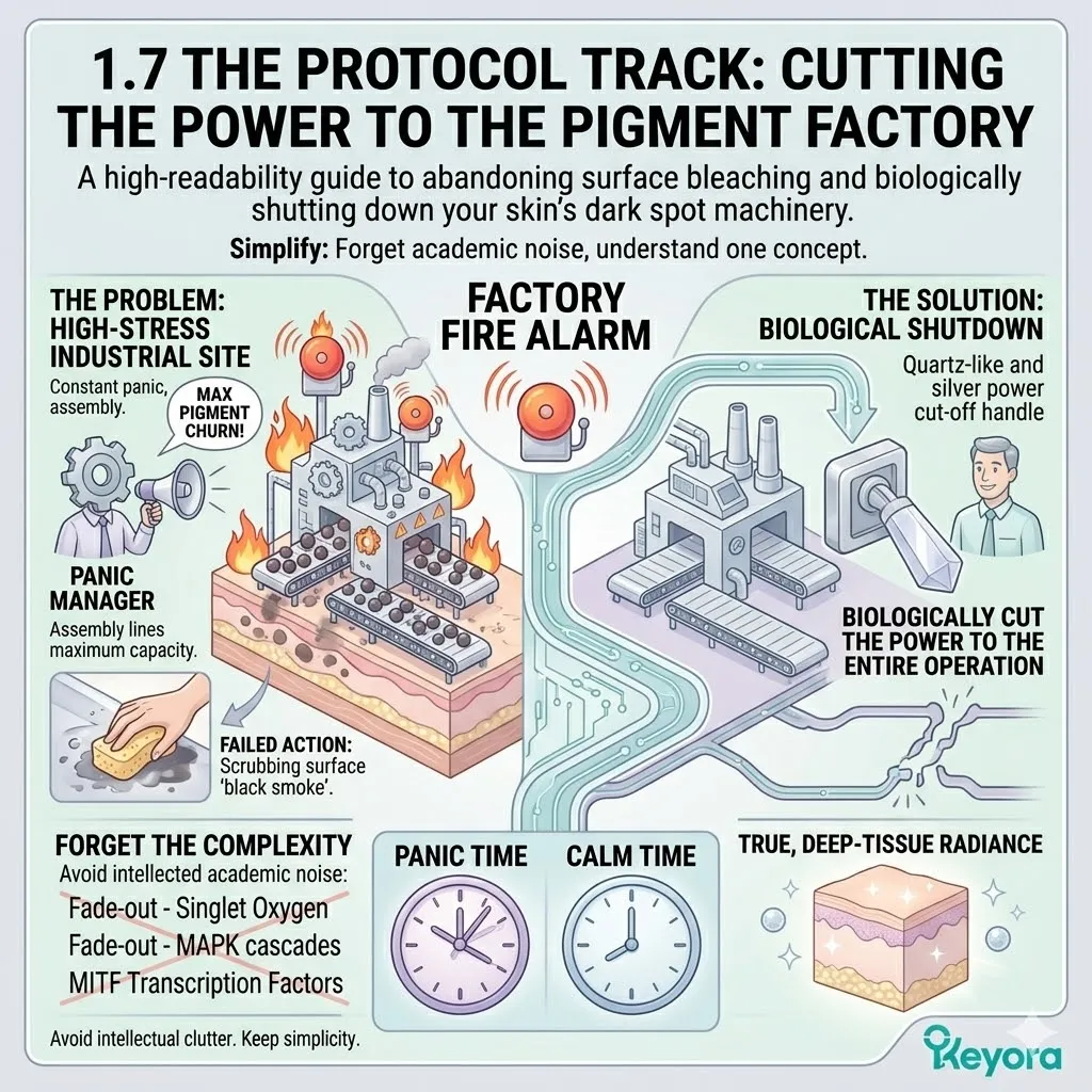Systemic regulators bypass surface bleaching to biologically cut power to the melanin factory and resolve the high-stress industrial site.