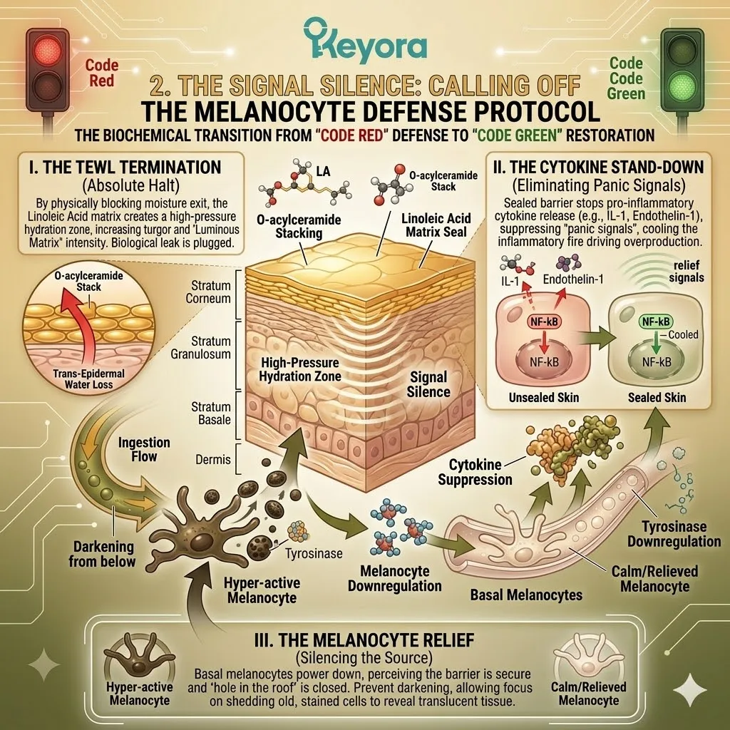 TEWL termination and cytokine stand-down initiate signal silence to deactivate the NF-kB pathway and halt defensive melanocyte tyrosinase production.