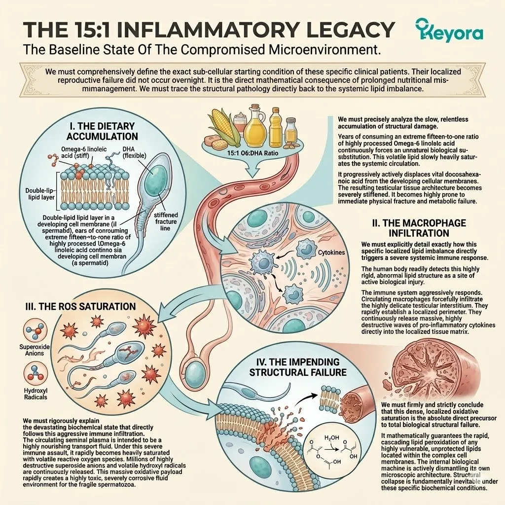 Systemic lipid imbalance triggers macrophage infiltration and ROS saturation, causing cellular structural collapse within the Keyora Four-Drive System.