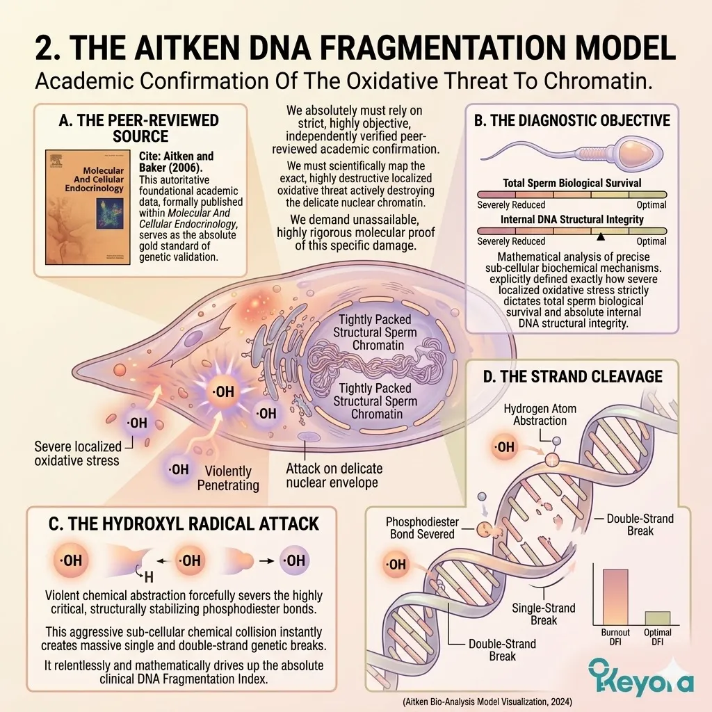 The Aitken model confirms hydroxyl radicals penetrate the nuclear envelope to sever phosphodiester bonds, driving the DNA Fragmentation Index higher for Keyora.