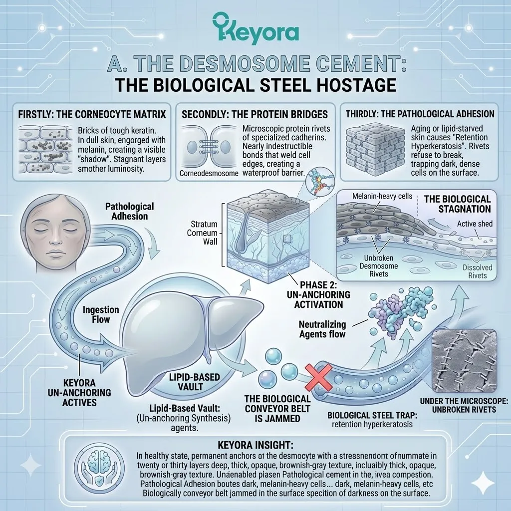Corneodesmosome protein rivets create pathological adhesion and retention hyperkeratosis trapping melanin-stained corneocytes within the structural matrix.